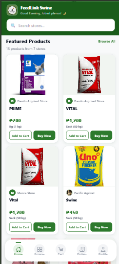 FeedLink Swine mobile app — Featured Products with store names, prices, and Add to Cart